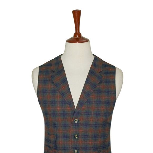 Mens Wool Plaid Vest 46R Brown Blue Green Check Waistcoat Formal Casual Preppy - Picture 3 of 8